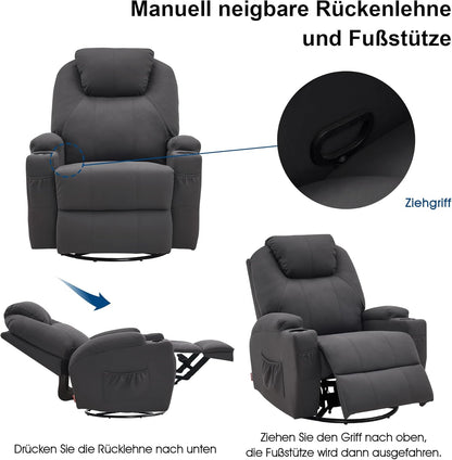 M MCombo Massagesessel Fernsehsessel Relaxsessel 7020, mit Heizung, Dreh 360° Schaukel, manuell verstellbar (Dunkelgrau- Mikrofaser)