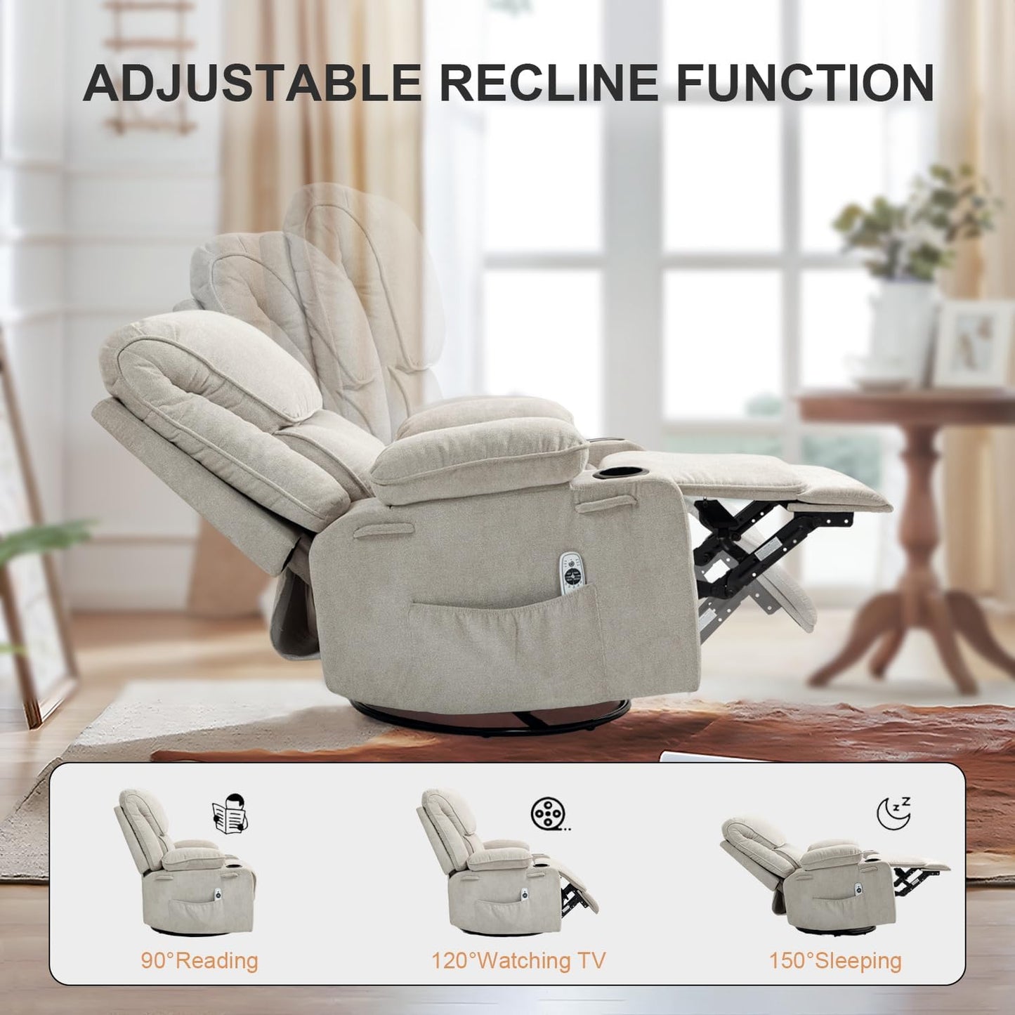 BRTHORY Relaxsessel mit Massagefunktion Fernsehsessel Liegefunktion Vibration Heizung, Dicke Rückenlehne und Armlehnen, Massagesessel mit Wippfunktion, 360°drehbar, Beige