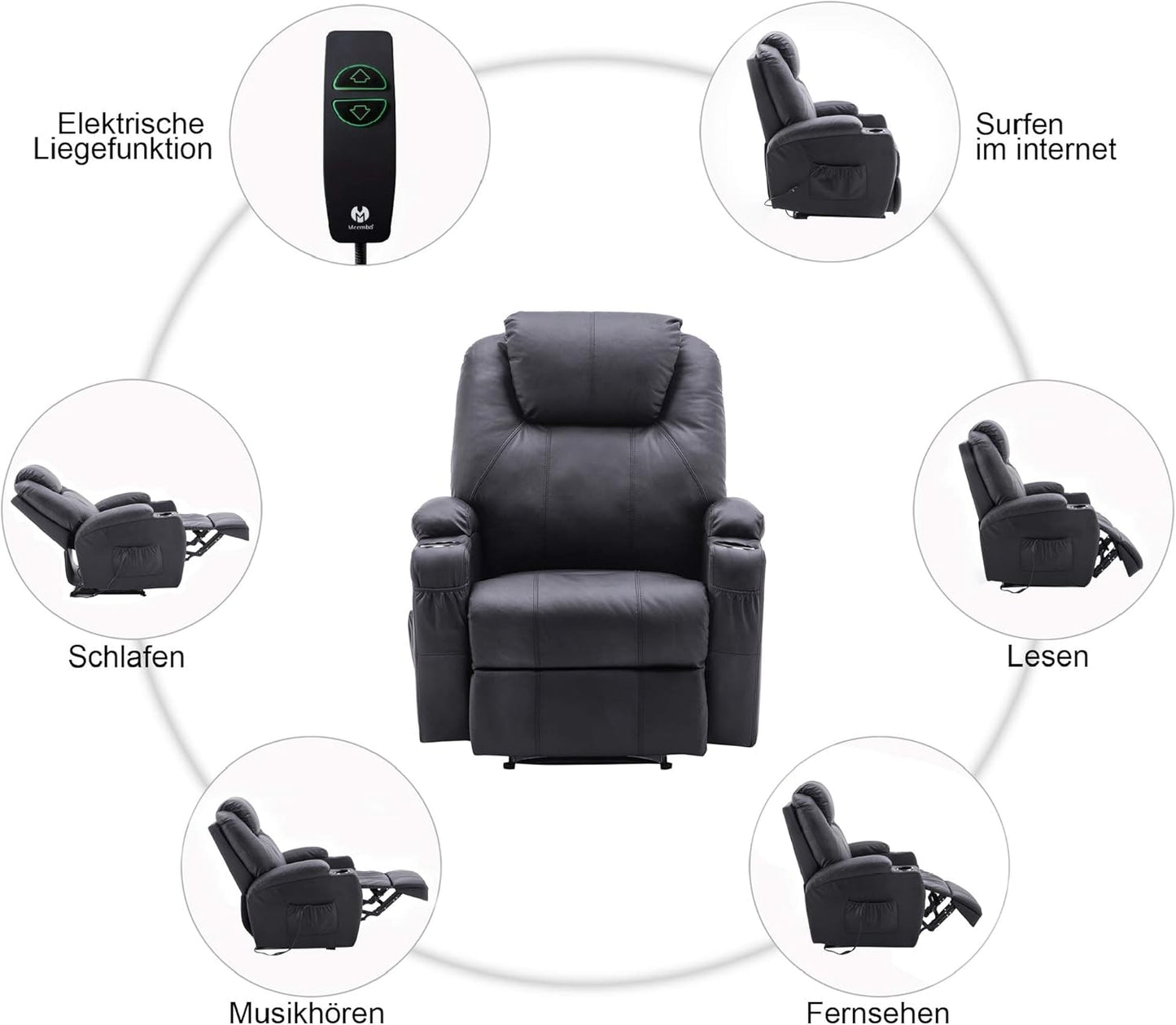 M MCombo Elektrisch Relaxsessel Massagesessel Fernsehsessel Liegefunktion Vibration Heizung 7061 neues Modell (Schwarz-Kunstleder)