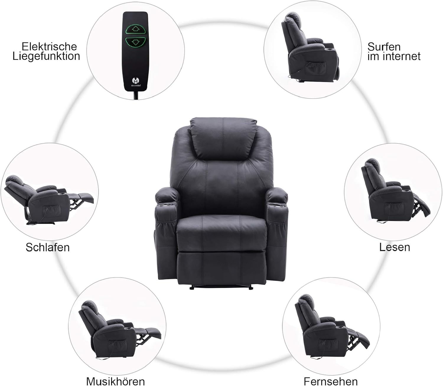 M MCombo Elektrisch Relaxsessel Massagesessel Fernsehsessel Liegefunktion Vibration Heizung 7061 neues Modell (Schwarz-Kunstleder)