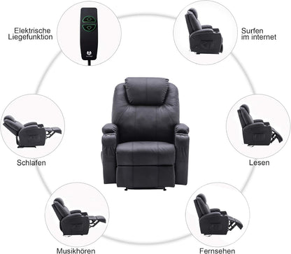 M MCombo Elektrisch Relaxsessel Massagesessel Fernsehsessel Liegefunktion Vibration Heizung 7061 neues Modell (Schwarz-Kunstleder)