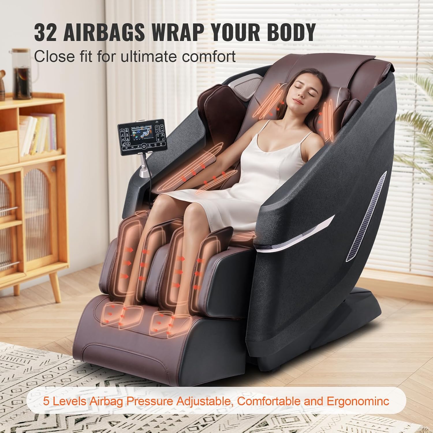 VEVOR Massagesessel mit Flexibler SL-Schiene, 3D-Ganzkörper-Shiatsu-Massagegerät, Schwerelosigkeit, 10 bis 18 Automatikmodi, Heizung, Bluetooth-Lautsprecher, Luftkissen und Touchscreen 160 kg