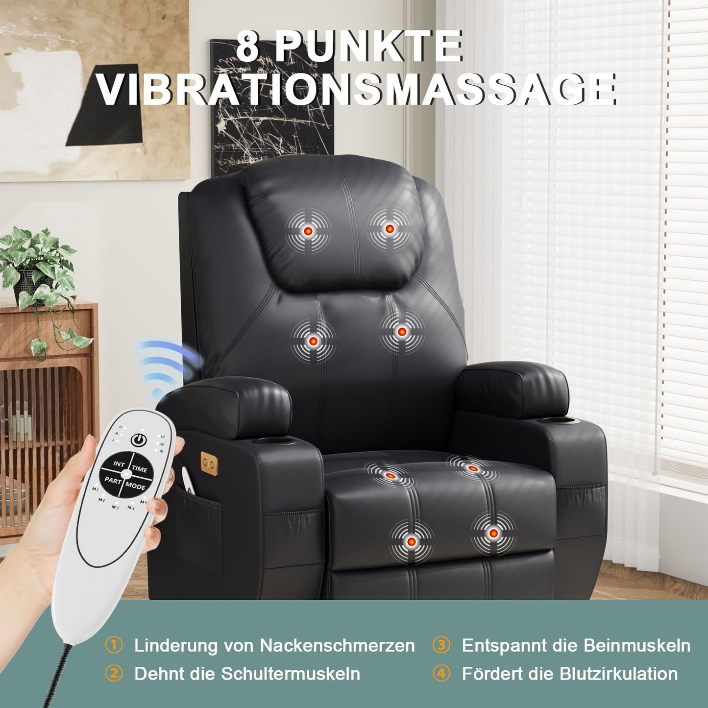 Devoko Elektrisch Relaxsessel Massagesessel Fernsehsessel Liegefunktion Vibration mit Fußteil, 2 Seitentaschen Getränkehalter, USB-Anschlüsse, TV Sessel für Wohnzimmer (Schwarz-Kunstleder)