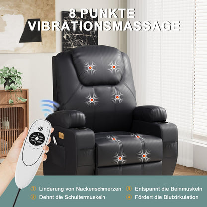 Devoko Elektrisch Relaxsessel Massagesessel Fernsehsessel Liegefunktion Vibration mit Fußteil, 2 Seitentaschen Getränkehalter, USB-Anschlüsse, TV Sessel für Wohnzimmer (Schwarz-Kunstleder)