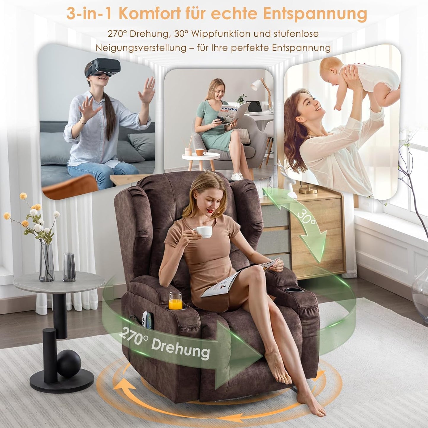 SAMERY Relaxsessel Elektrisch mit Massage & Heizung, Samt Fernsehsessel mit Liegefunktion, 270° Drehbar & 30° Wippbar, USB/LED/Typ-C – Kinosessel TV Sessel Sofa Chair für Wohnzimmer (1, Rotbraun) 7038