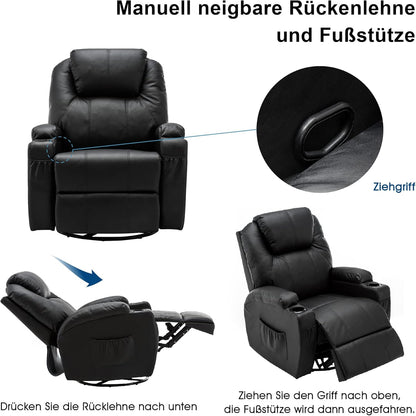 M MCombo Massagesessel Fernsehsessel Relaxsessel 7020, mit Heizung, Dreh 360° Schaukel, manuell verstellbar (Schwarz-Kunstleder)
