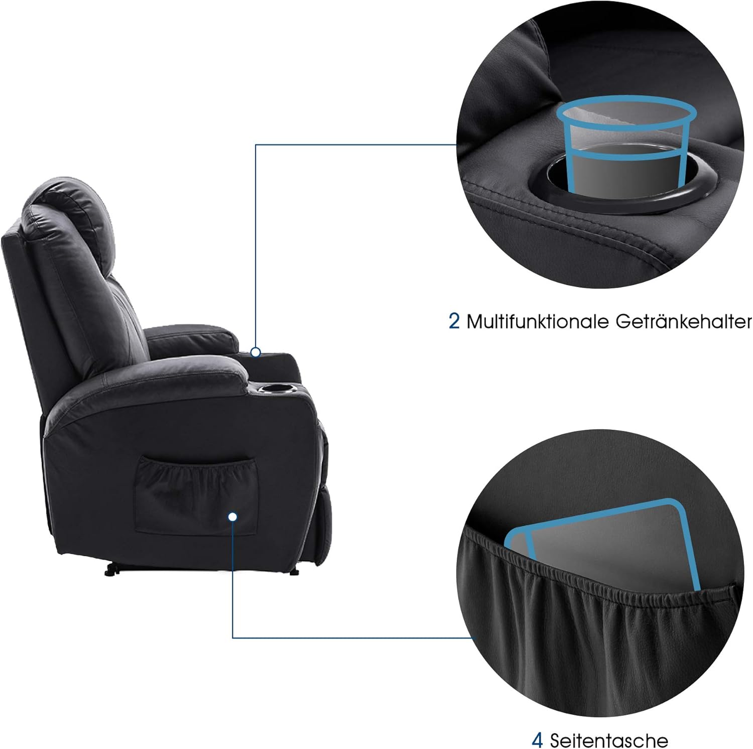 M MCombo Elektrisch Relaxsessel Massagesessel Fernsehsessel Liegefunktion Vibration Heizung 7061 neues Modell (Schwarz-Kunstleder)