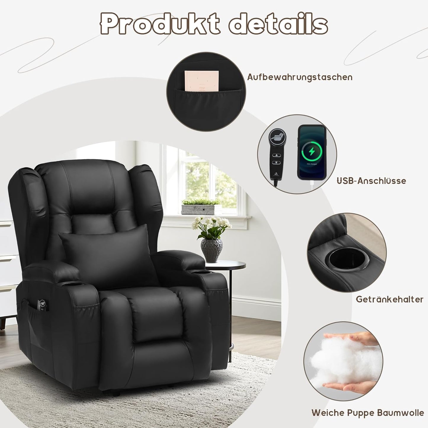 LIFTSHA Fernsehsessel mit Aufstehhilfe Elektrisch, Relaxsessel mit Liegefunktion, Massagesessel mit Massage Wärmefunktion Seniorensessel für Senioren, 2 Seitentaschen und Getränkehalters (Schwarz)