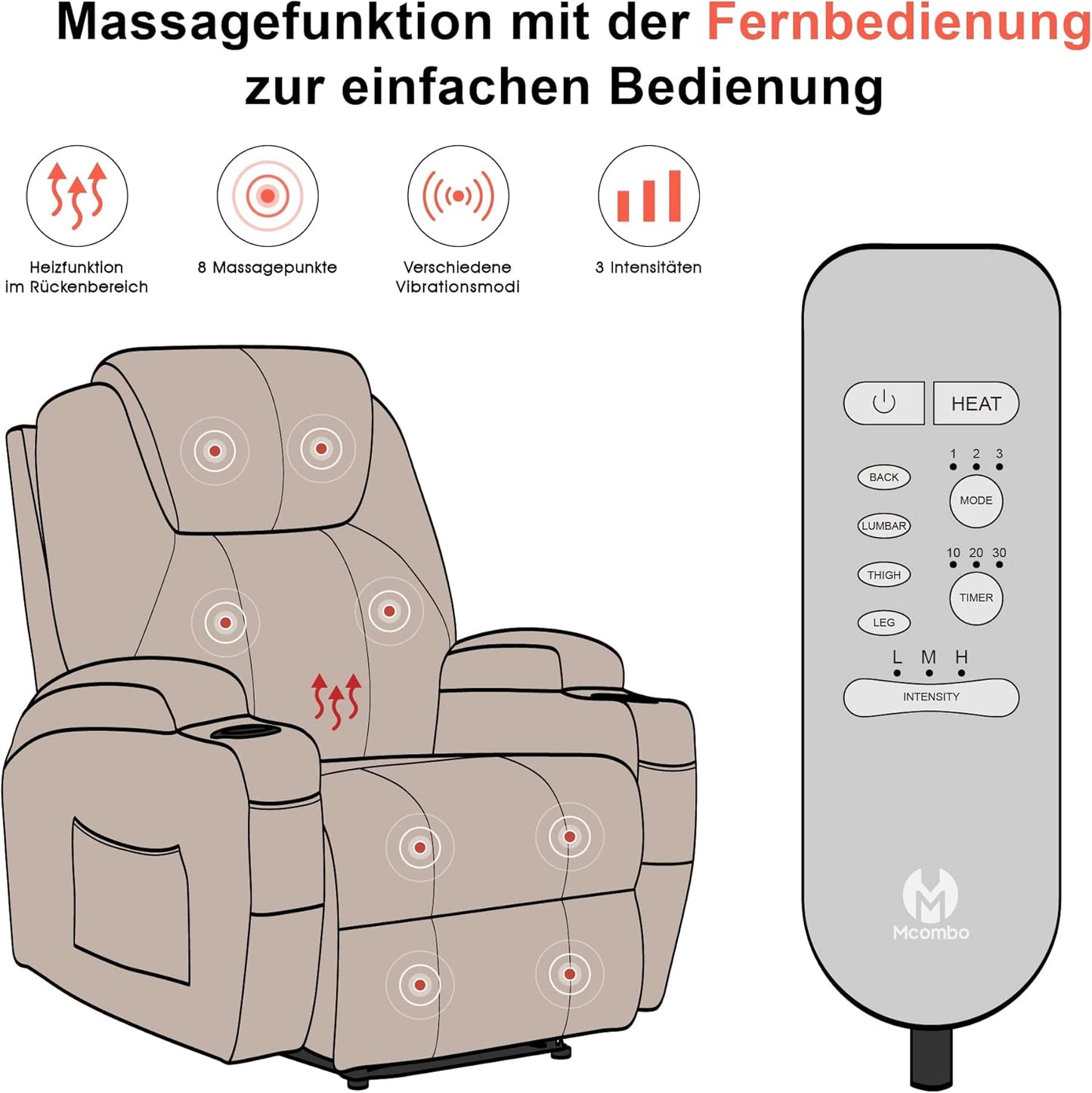 M MCombo Elektrisch Relaxsessel Massagesessel Fernsehsessel Liegefunktion Vibration Heizung 7061 neues Modell (Schwarz-Kunstleder)