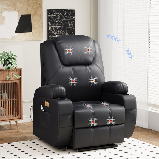 Devoko Elektrisch Relaxsessel Massagesessel Fernsehsessel Liegefunktion Vibration mit Fußteil, 2 Seitentaschen Getränkehalter, USB-Anschlüsse, TV Sessel für Wohnzimmer (Schwarz-Kunstleder)