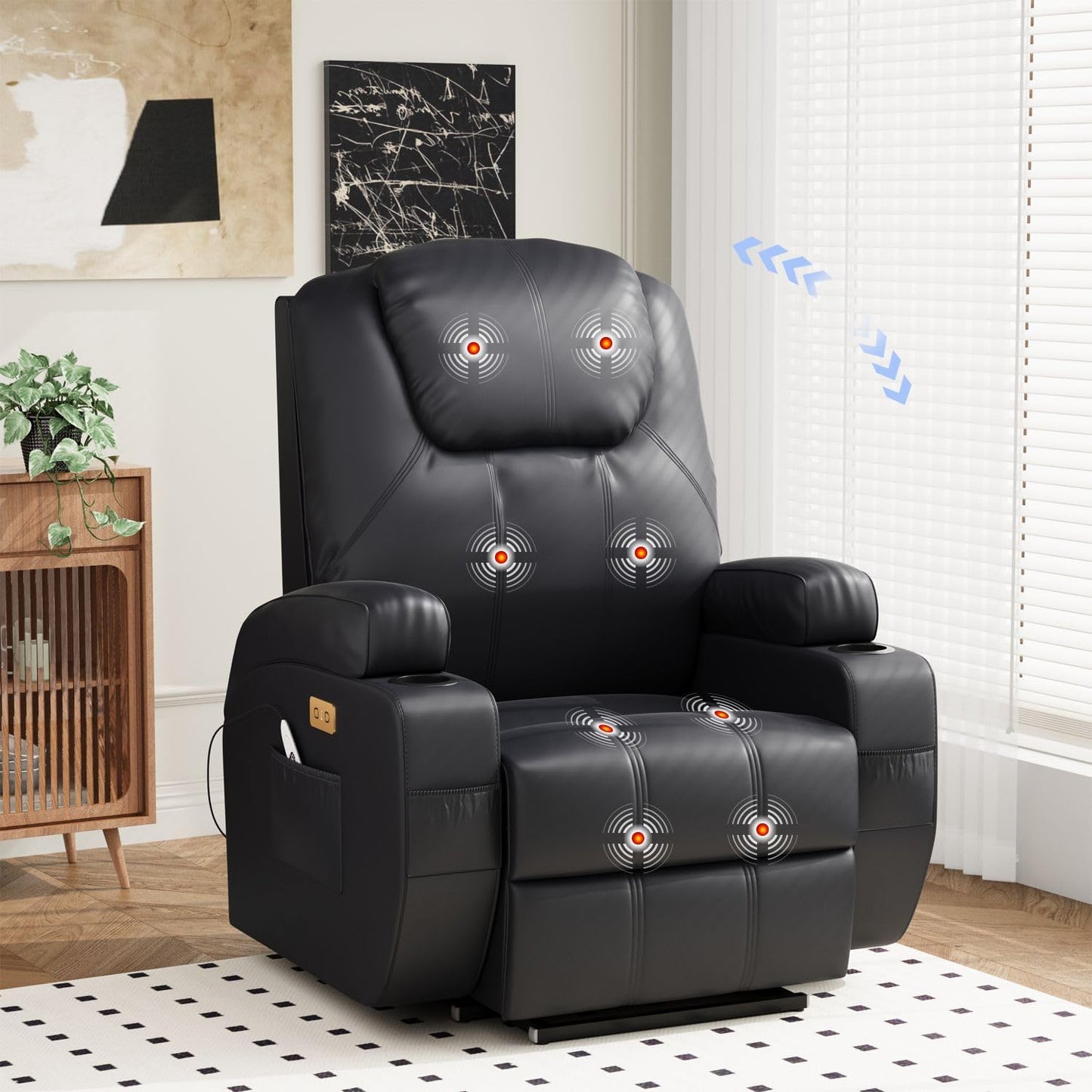 Devoko Elektrisch Relaxsessel Massagesessel Fernsehsessel Liegefunktion Vibration mit Fußteil, 2 Seitentaschen Getränkehalter, USB-Anschlüsse, TV Sessel für Wohnzimmer (Schwarz-Kunstleder)