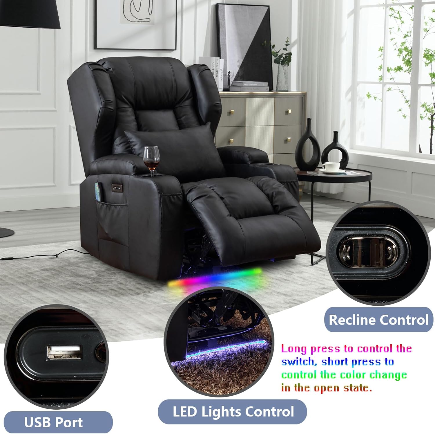 Oprisen Kunstleder Elektrisch Verstellbar Relaxsessel Kinosessel Fernsehsessel mit Liegefunktion Massage und Wärme TV Sessel Modern Liegesessel Sofa für Wohnzimmer,bis 150 kg, Schwarz