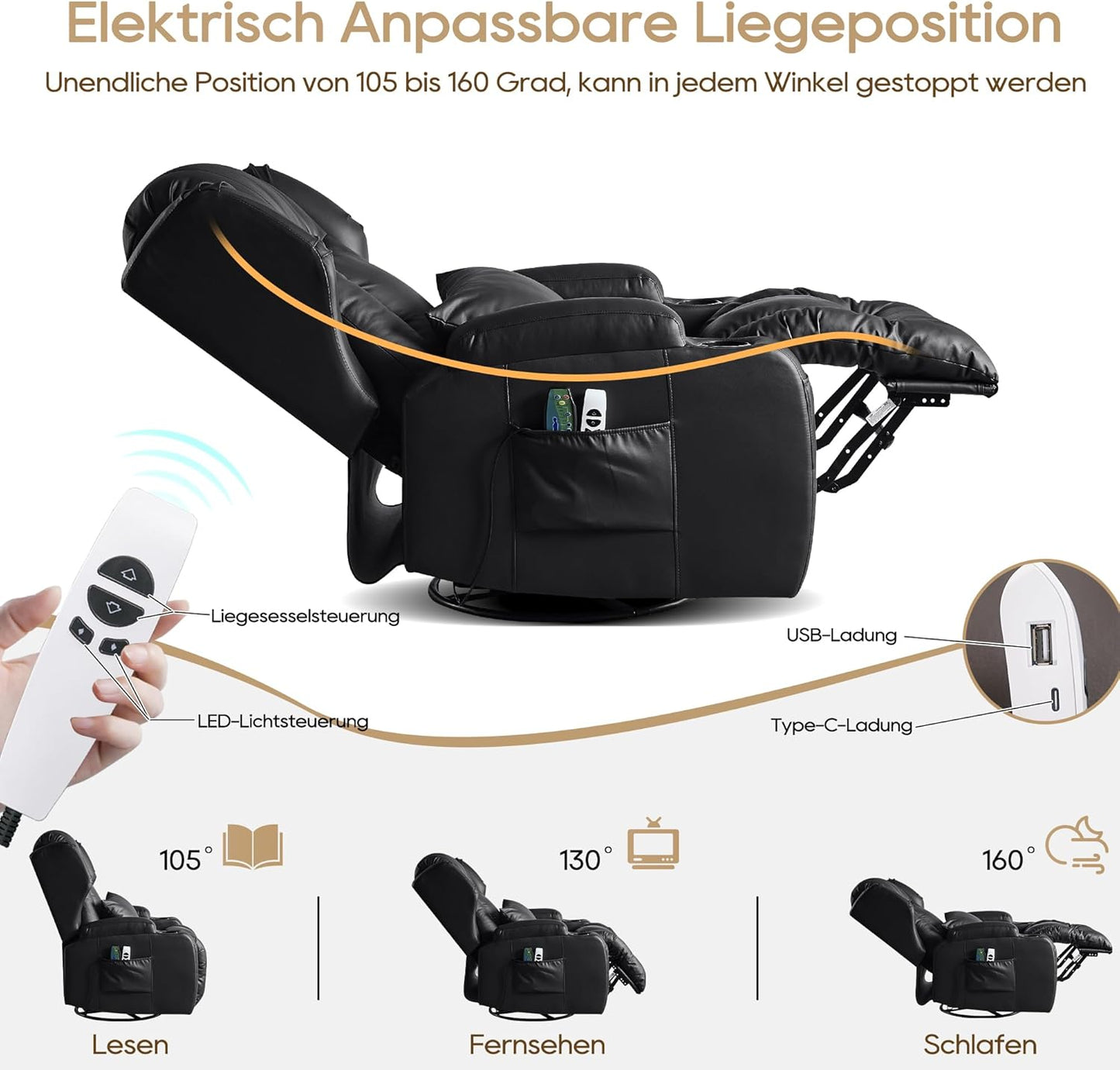 Oprisen Elektrisch Verstellbar Relaxsessel Kinosessel Fernsehsessel mit Liegefunktion Massage und Wärme TV Sessel Drehbar Liegesessel Sofa mit USB/LED/TYP C für Wohnzimmer,bis 150 kg (Schwarz)