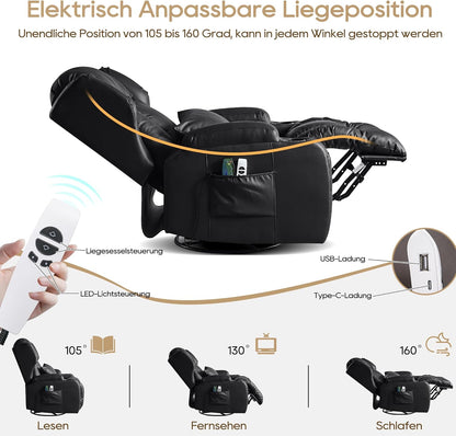 Oprisen Elektrisch Verstellbar Relaxsessel Kinosessel Fernsehsessel mit Liegefunktion Massage und Wärme TV Sessel Drehbar Liegesessel Sofa mit USB/LED/TYP C für Wohnzimmer,bis 150 kg (Schwarz)
