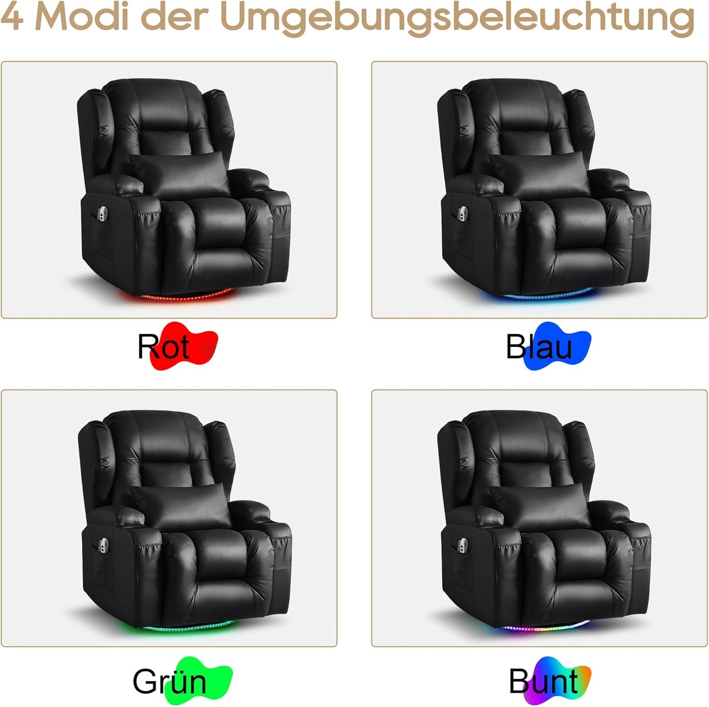 Oprisen Elektrisch Verstellbar Relaxsessel Kinosessel Fernsehsessel mit Liegefunktion Massage und Wärme TV Sessel Drehbar Liegesessel Sofa mit USB/LED/TYP C für Wohnzimmer,bis 150 kg (Schwarz)