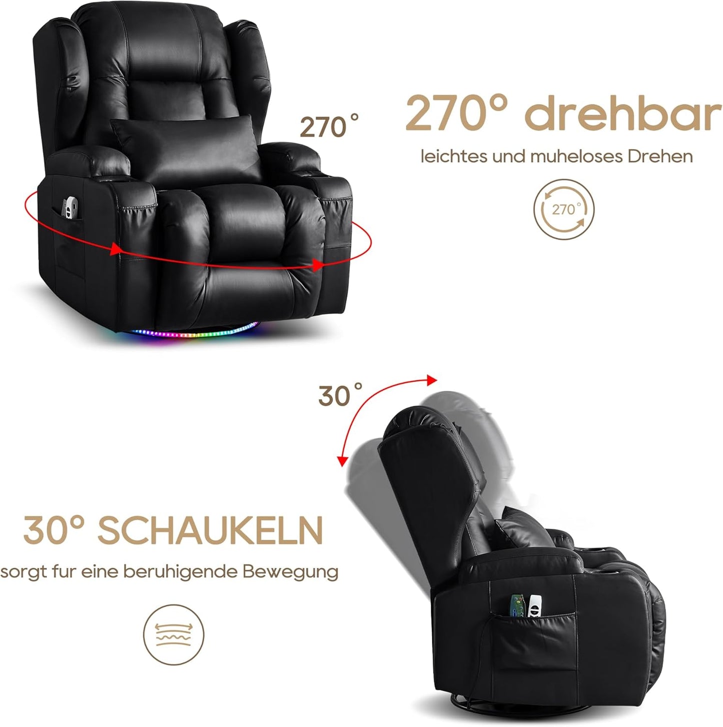 Oprisen Elektrisch Verstellbar Relaxsessel Kinosessel Fernsehsessel mit Liegefunktion Massage und Wärme TV Sessel Drehbar Liegesessel Sofa mit USB/LED/TYP C für Wohnzimmer,bis 150 kg (Schwarz)