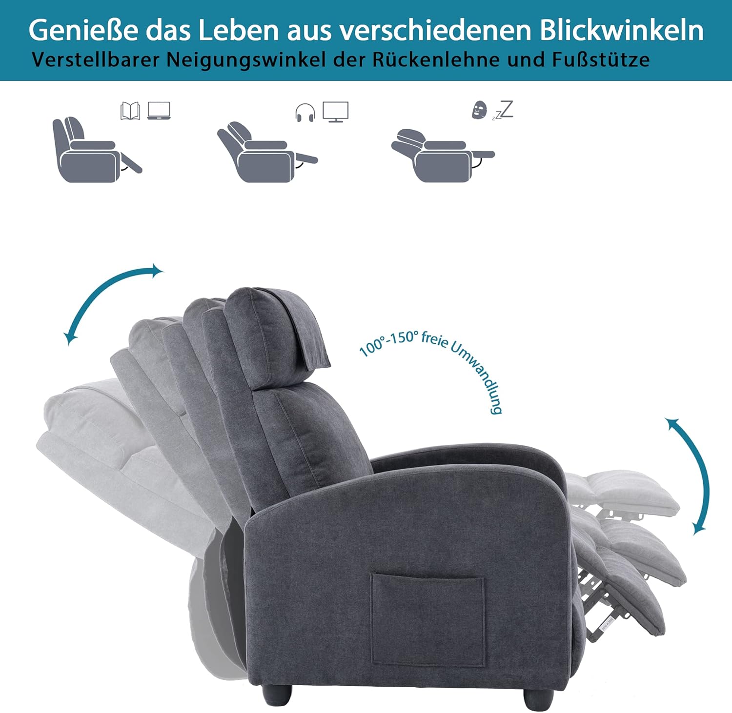 HOMOPIV Relaxsessel, Fernsehsessel mit Liegefunktion Massagefunktion Wärmefunktion, Massagesessel mit Fernbedienung, Ruhesessel Stoff, Liegesessel grau