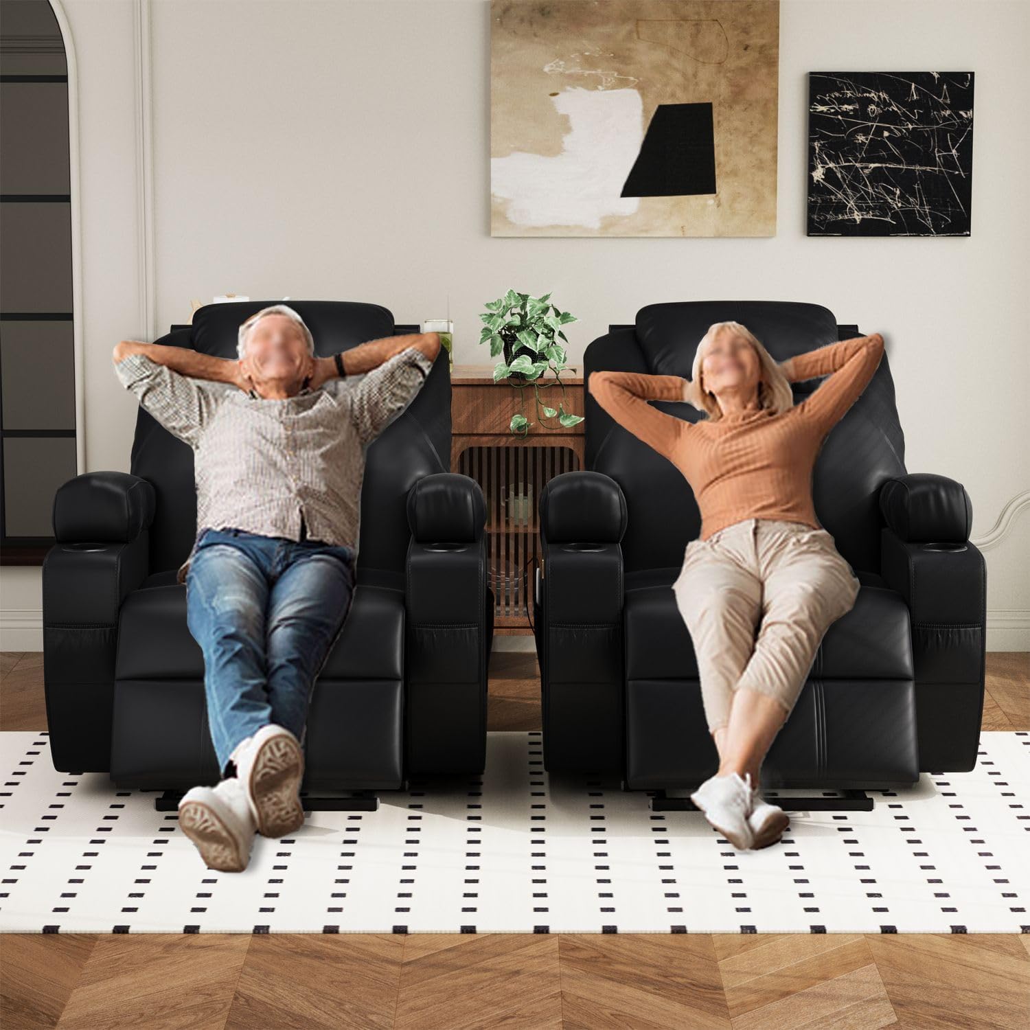 Devoko Elektrisch Relaxsessel Massagesessel Fernsehsessel Liegefunktion Vibration mit Fußteil, 2 Seitentaschen Getränkehalter, USB-Anschlüsse, TV Sessel für Wohnzimmer (Schwarz-Kunstleder)