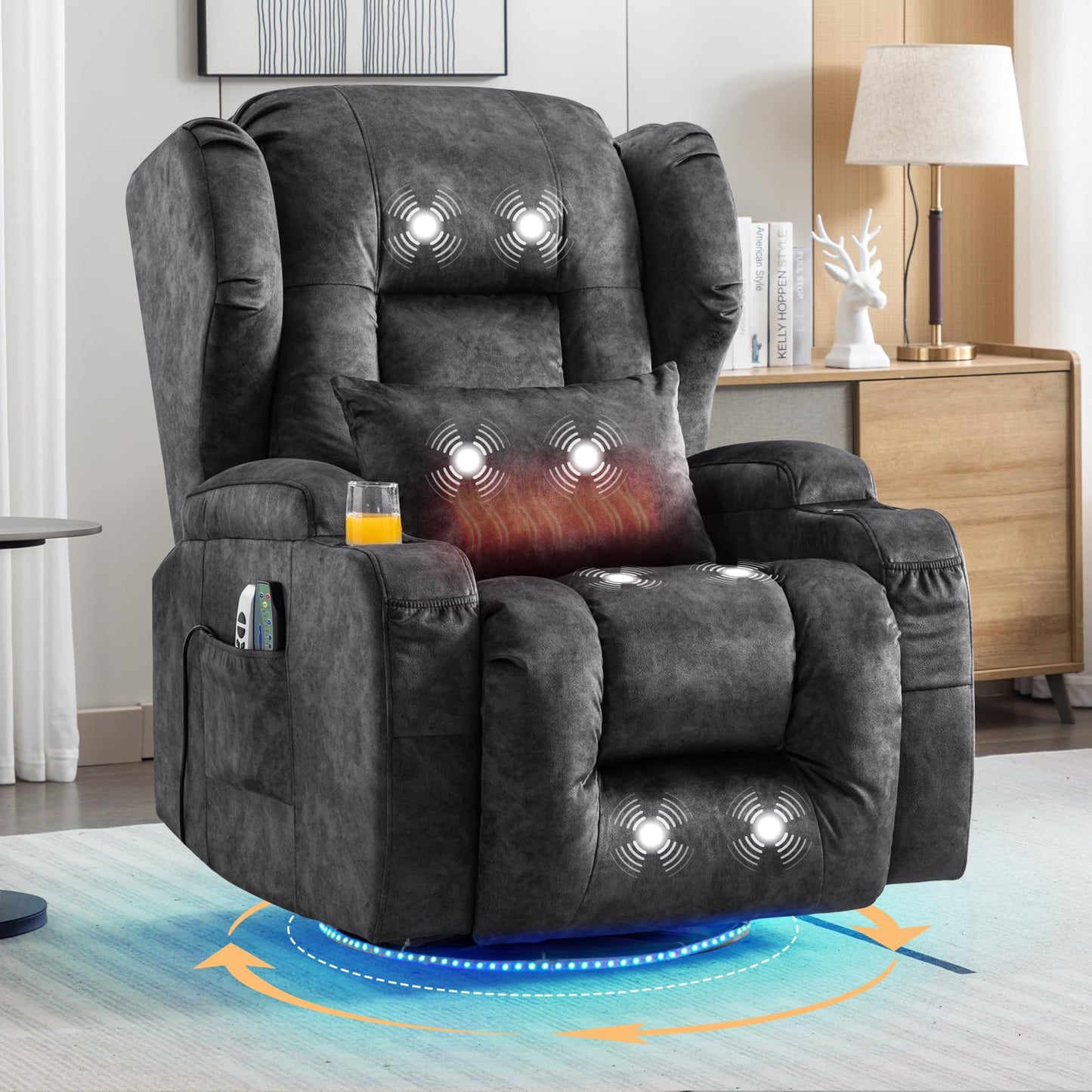 SAMERY Relaxsessel Elektrisch mit Massage & Heizung, Samt Fernsehsessel mit Liegefunktion, 270° Drehbar & 30° Wippbar, USB/LED/Typ-C – Kinosessel TV Sessel Sofa Chair für Wohnzimmer (1, Rotbraun) 7038