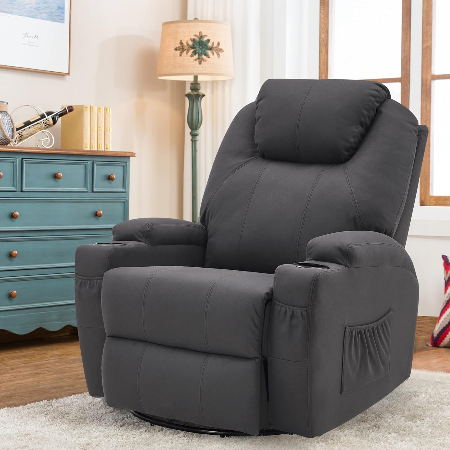M MCombo Massagesessel Fernsehsessel Relaxsessel 7020, mit Heizung, Dreh 360° Schaukel, manuell verstellbar (Dunkelgrau- Mikrofaser)