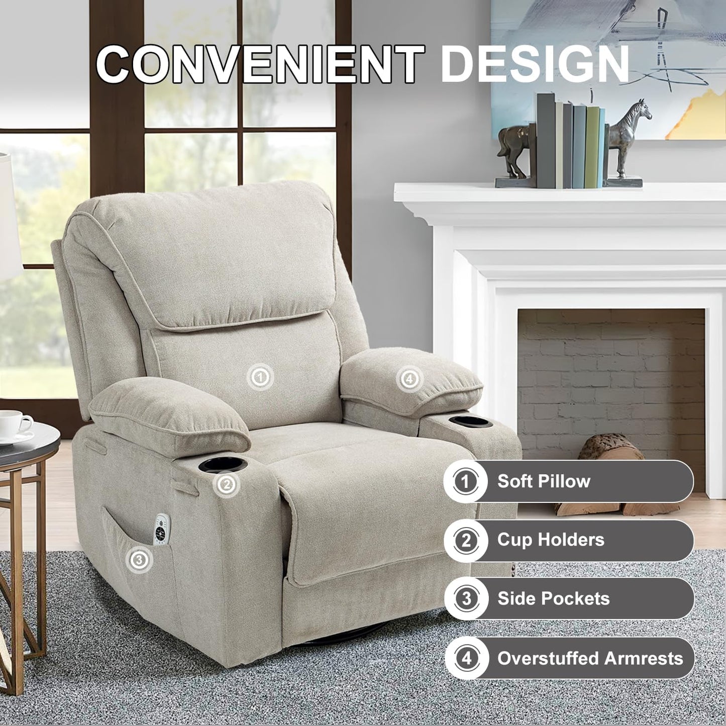BRTHORY Relaxsessel mit Massagefunktion Fernsehsessel Liegefunktion Vibration Heizung, Dicke Rückenlehne und Armlehnen, Massagesessel mit Wippfunktion, 360°drehbar, Beige