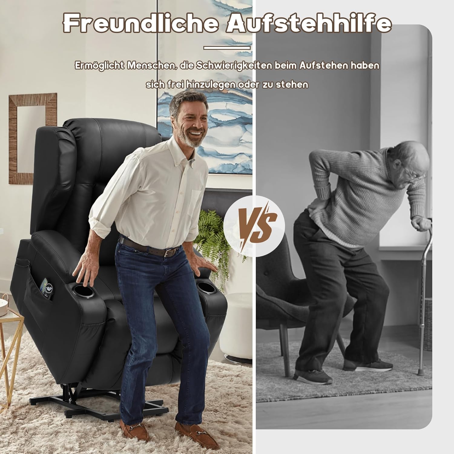 LIFTSHA Fernsehsessel mit Aufstehhilfe Elektrisch, Relaxsessel mit Liegefunktion, Massagesessel mit Massage Wärmefunktion Seniorensessel für Senioren, 2 Seitentaschen und Getränkehalters (Schwarz)
