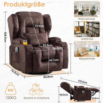 SAMERY Relaxsessel Elektrisch mit Massage & Heizung, Samt Fernsehsessel mit Liegefunktion, 270° Drehbar & 30° Wippbar, USB/LED/Typ-C – Kinosessel TV Sessel Sofa Chair für Wohnzimmer (1, Rotbraun) 7038