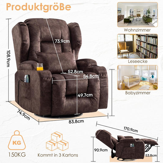 SAMERY Relaxsessel Elektrisch mit Massage & Heizung, Samt Fernsehsessel mit Liegefunktion, 270° Drehbar & 30° Wippbar, USB/LED/Typ-C – Kinosessel TV Sessel Sofa Chair für Wohnzimmer (1, Rotbraun) 7038