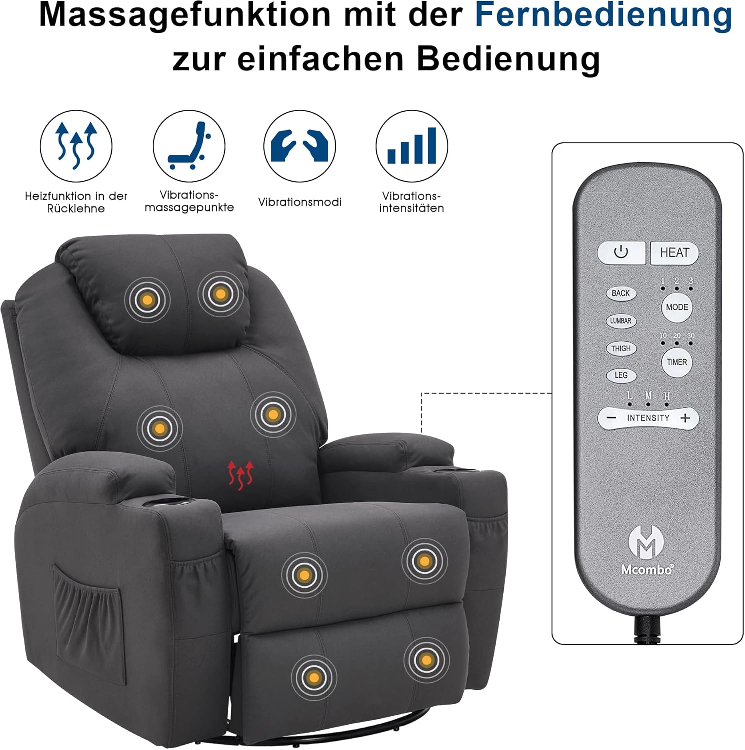 M MCombo Massagesessel Fernsehsessel Relaxsessel 7020, mit Heizung, Dreh 360° Schaukel, manuell verstellbar (Dunkelgrau- Mikrofaser)