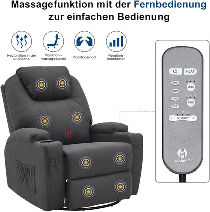 M MCombo Massagesessel Fernsehsessel Relaxsessel 7020, mit Heizung, Dreh 360° Schaukel, manuell verstellbar (Dunkelgrau- Mikrofaser)