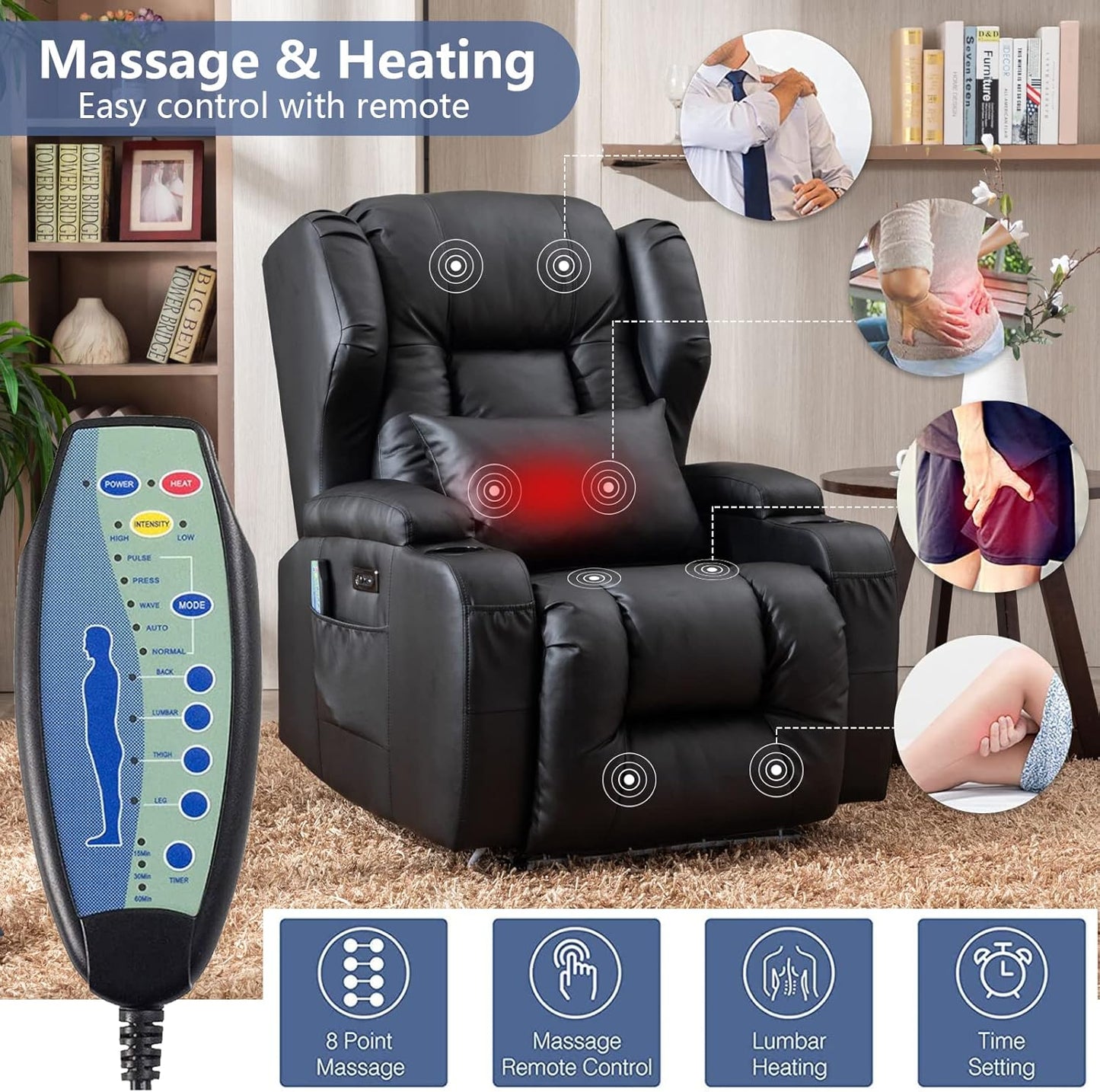Oprisen Kunstleder Elektrisch Verstellbar Relaxsessel Kinosessel Fernsehsessel mit Liegefunktion Massage und Wärme TV Sessel Modern Liegesessel Sofa für Wohnzimmer,bis 150 kg, Schwarz