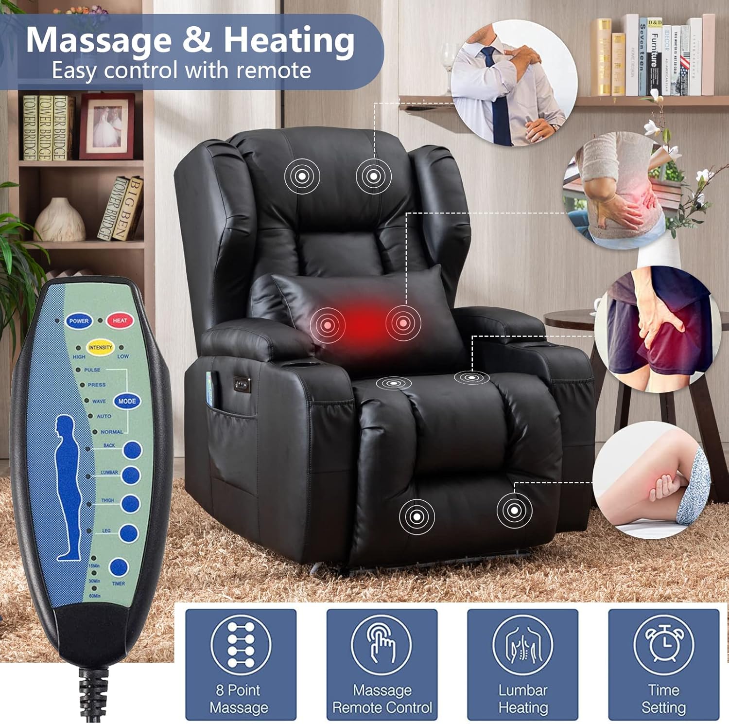 Oprisen Kunstleder Elektrisch Verstellbar Relaxsessel Kinosessel Fernsehsessel mit Liegefunktion Massage und Wärme TV Sessel Modern Liegesessel Sofa für Wohnzimmer,bis 150 kg, Schwarz