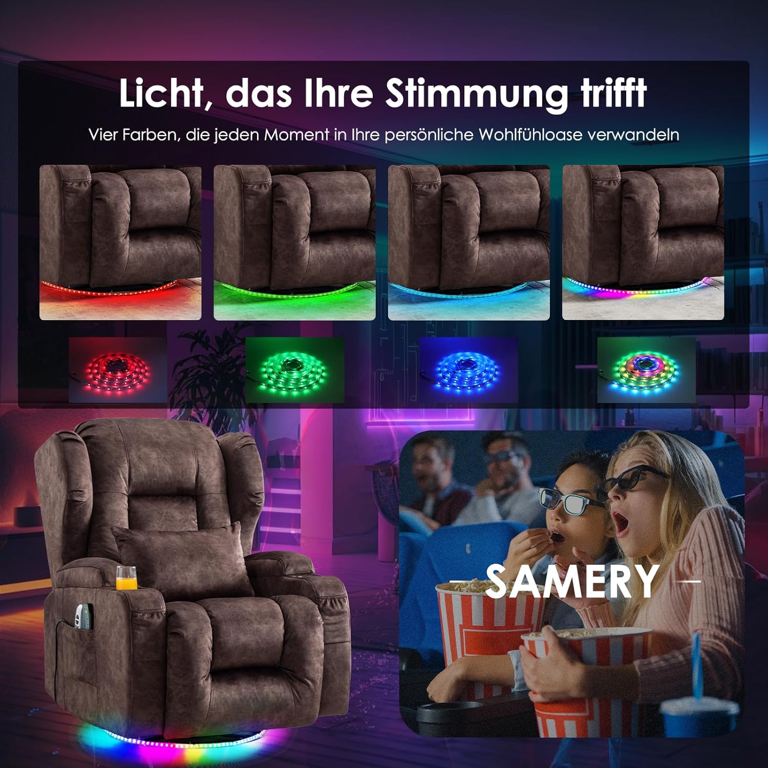SAMERY Relaxsessel Elektrisch mit Massage & Heizung, Samt Fernsehsessel mit Liegefunktion, 270° Drehbar & 30° Wippbar, USB/LED/Typ-C – Kinosessel TV Sessel Sofa Chair für Wohnzimmer (1, Rotbraun) 7038