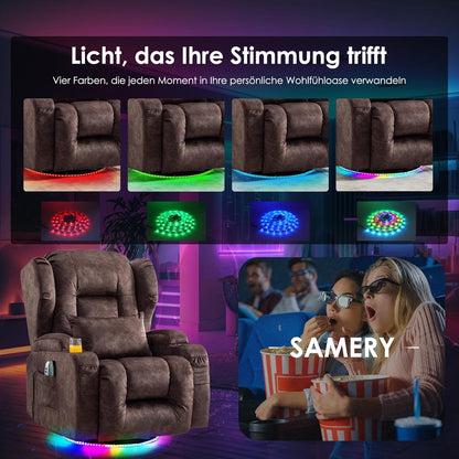 SAMERY Relaxsessel Elektrisch mit Massage & Heizung, Samt Fernsehsessel mit Liegefunktion, 270° Drehbar & 30° Wippbar, USB/LED/Typ-C – Kinosessel TV Sessel Sofa Chair für Wohnzimmer (1, Rotbraun) 7038