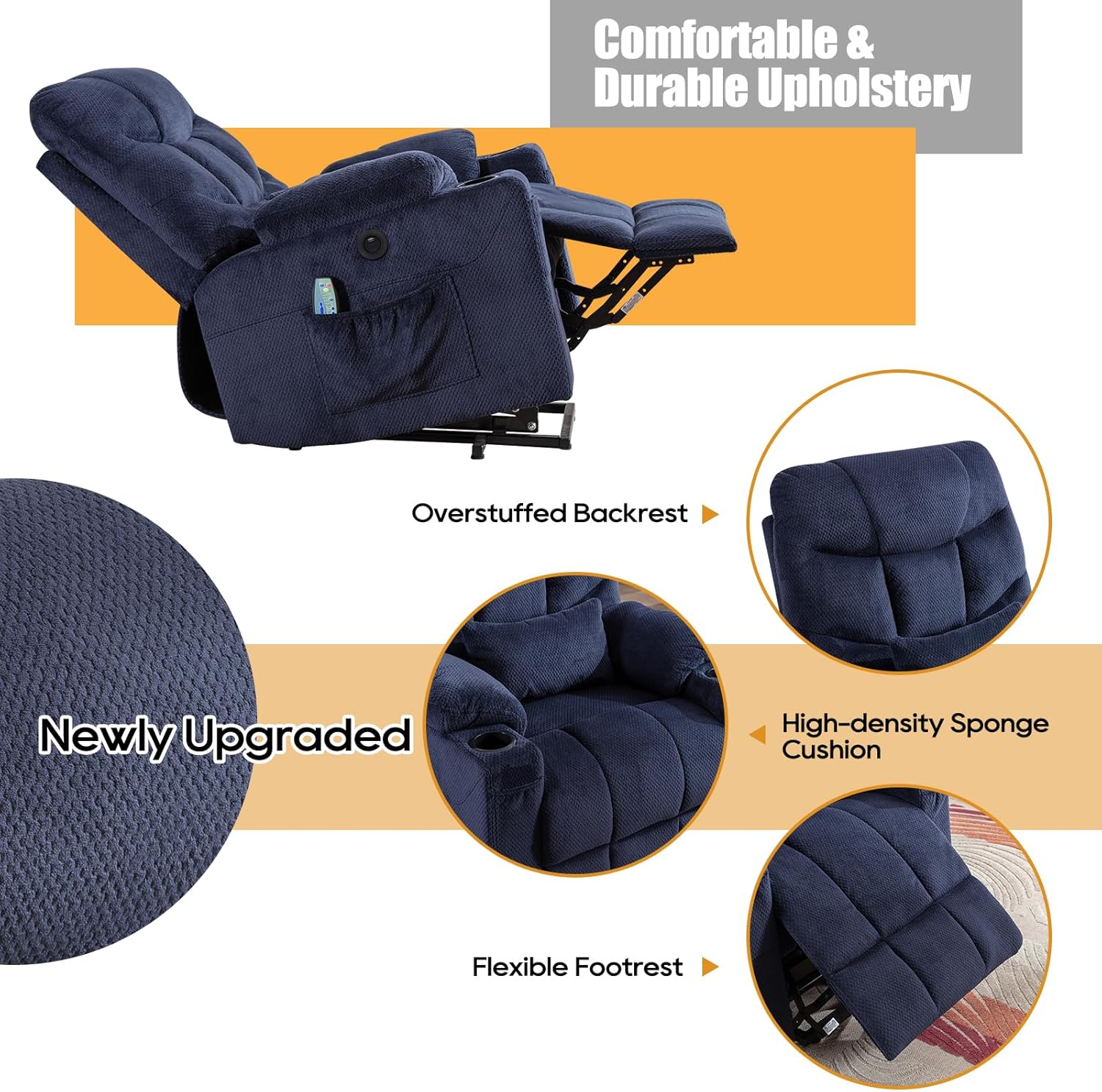 Consofa Power Lift Liegestuhl für ältere Menschen, Lift Chair mit Wärme und Massage, Power Lift Liegestuhl für Wohnzimmer mit unendlicher Position, USB-A&C, Getränkehalter, Seitentasche
