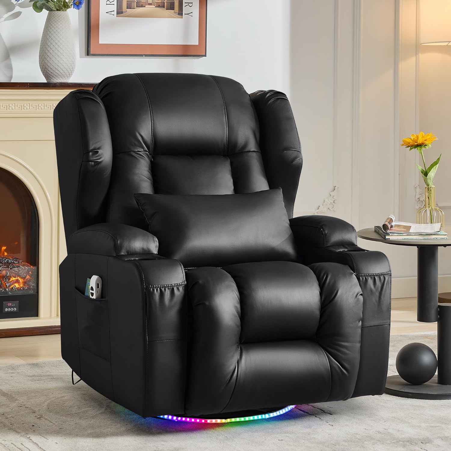 Oprisen Elektrisch Verstellbar Relaxsessel Kinosessel Fernsehsessel mit Liegefunktion Massage und Wärme TV Sessel Drehbar Liegesessel Sofa mit USB/LED/TYP C für Wohnzimmer,bis 150 kg (Schwarz)