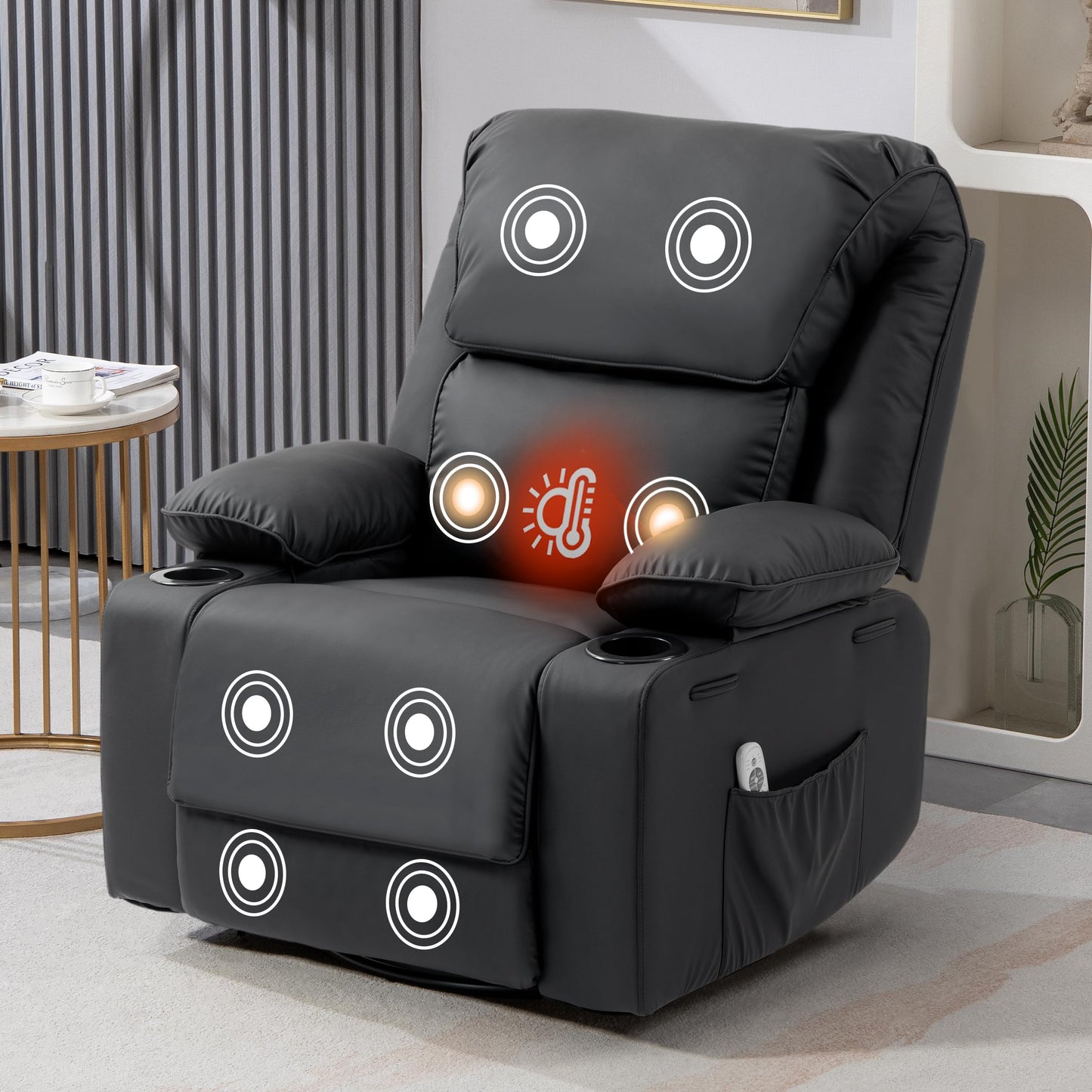 BRTHORY Relaxsessel mit Massagefunktion Fernsehsessel Liegefunktion Vibration Heizung, Dicke Rückenlehne und Armlehnen, Massagesessel mit Wippfunktion, 360°drehbar, Beige