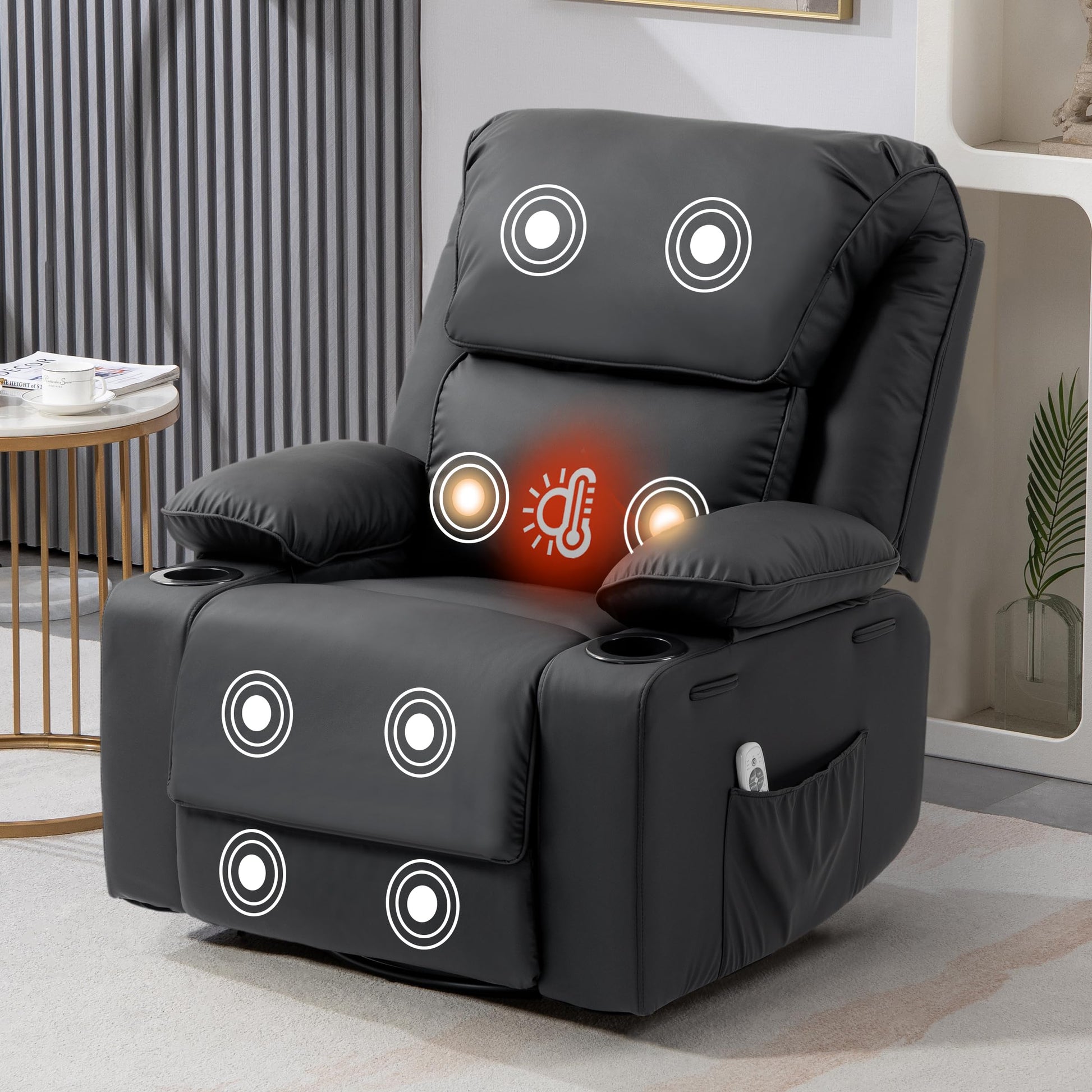 BRTHORY Relaxsessel mit Massagefunktion Fernsehsessel Liegefunktion Vibration Heizung, Dicke Rückenlehne und Armlehnen, Massagesessel mit Wippfunktion, 360°drehbar, Beige