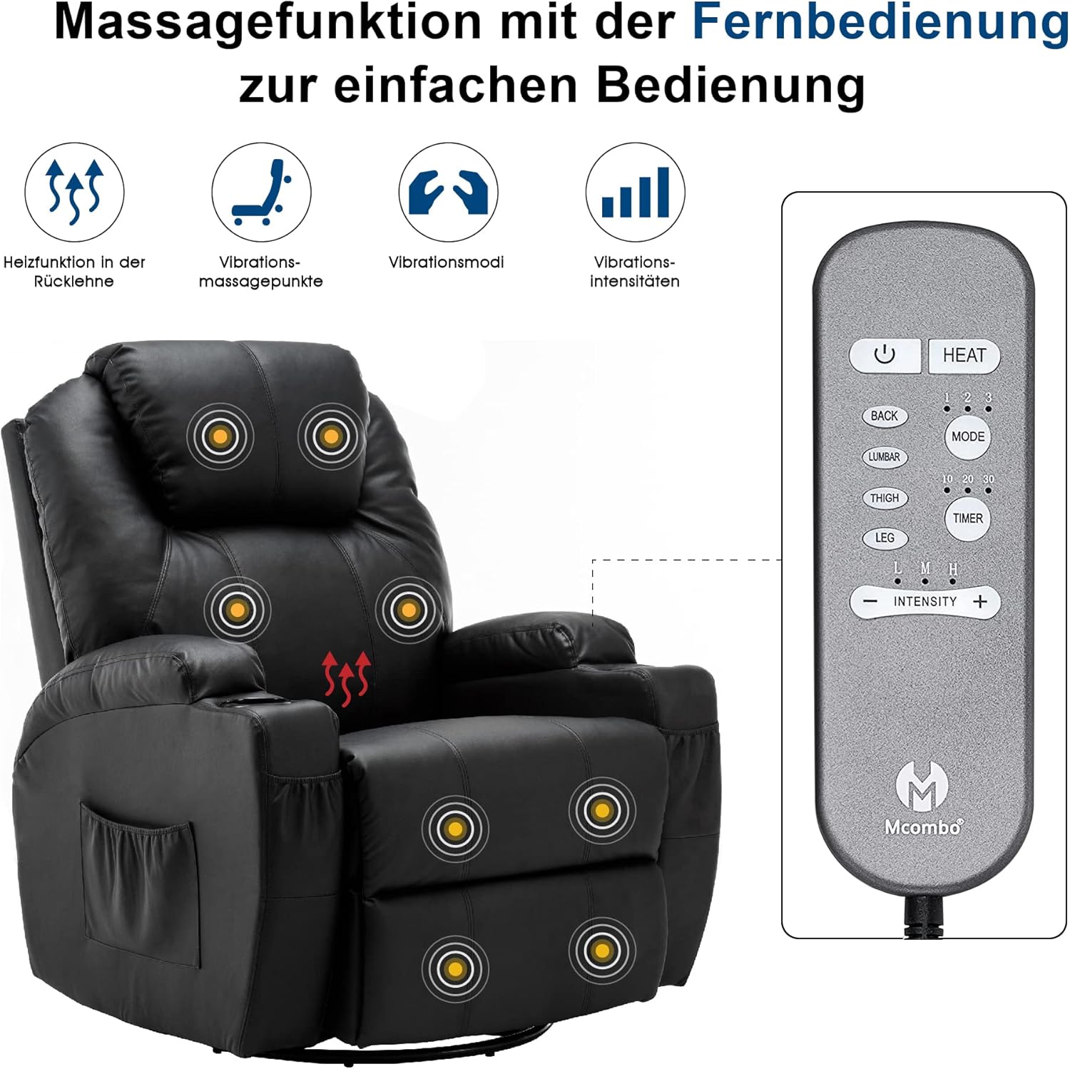 M MCombo Massagesessel Fernsehsessel Relaxsessel 7020, mit Heizung, Dreh 360° Schaukel, manuell verstellbar (Schwarz-Kunstleder)