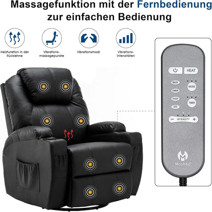 M MCombo Massagesessel Fernsehsessel Relaxsessel 7020, mit Heizung, Dreh 360° Schaukel, manuell verstellbar (Schwarz-Kunstleder)