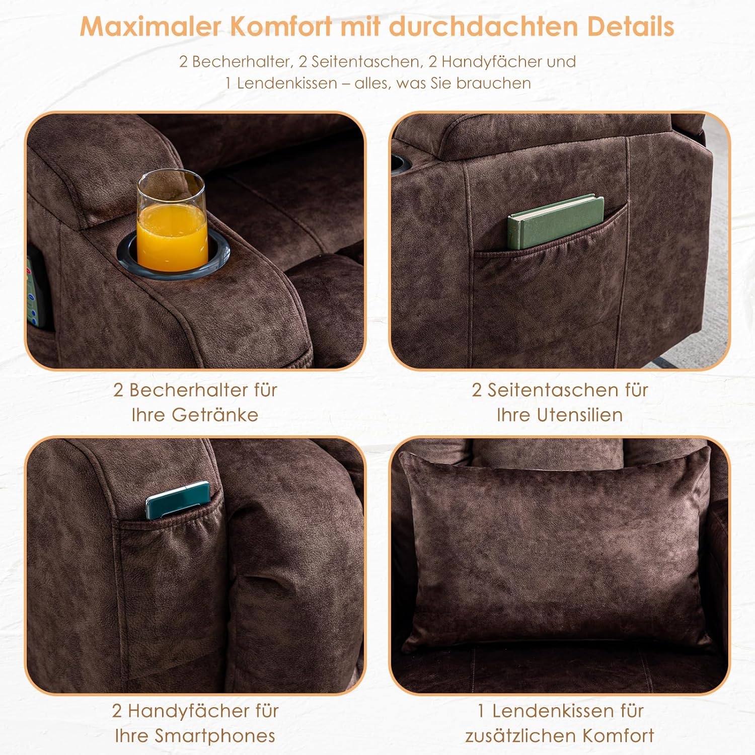 SAMERY Relaxsessel Elektrisch mit Massage & Heizung, Samt Fernsehsessel mit Liegefunktion, 270° Drehbar & 30° Wippbar, USB/LED/Typ-C – Kinosessel TV Sessel Sofa Chair für Wohnzimmer (1, Rotbraun) 7038