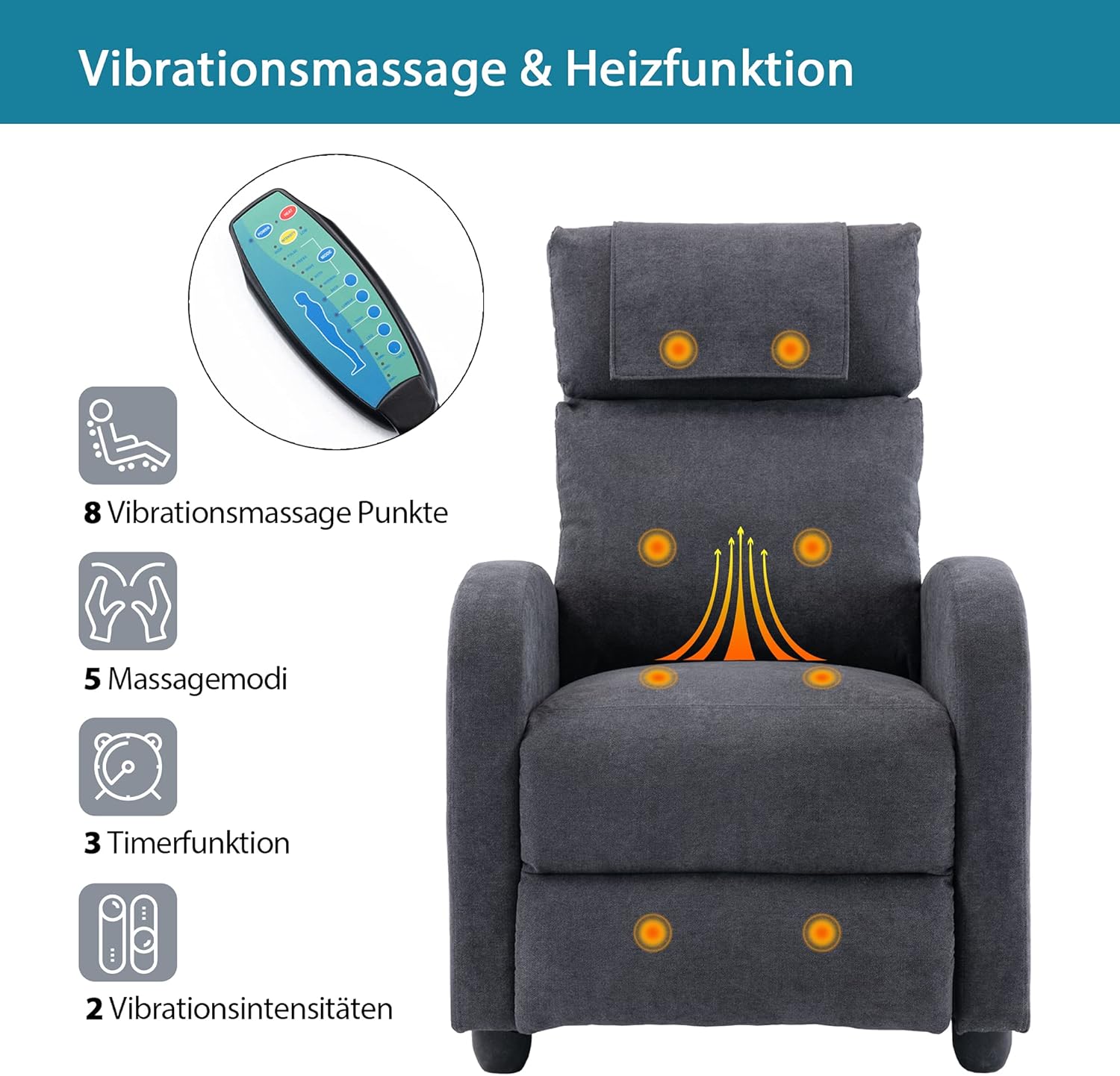 HOMOPIV Relaxsessel, Fernsehsessel mit Liegefunktion Massagefunktion Wärmefunktion, Massagesessel mit Fernbedienung, Ruhesessel Stoff, Liegesessel grau
