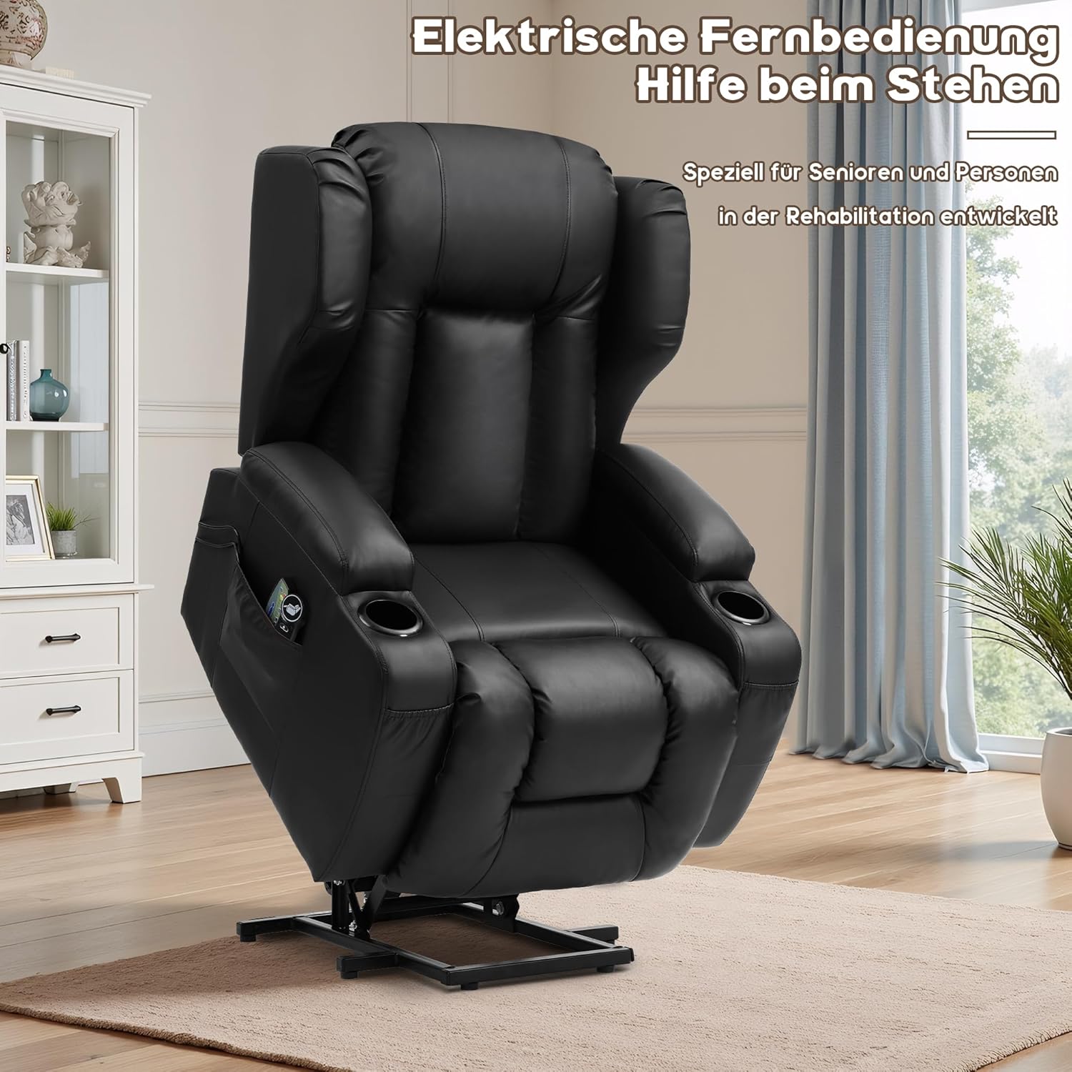 LIFTSHA Fernsehsessel mit Aufstehhilfe Elektrisch, Relaxsessel mit Liegefunktion, Massagesessel mit Massage Wärmefunktion Seniorensessel für Senioren, 2 Seitentaschen und Getränkehalters (Schwarz)