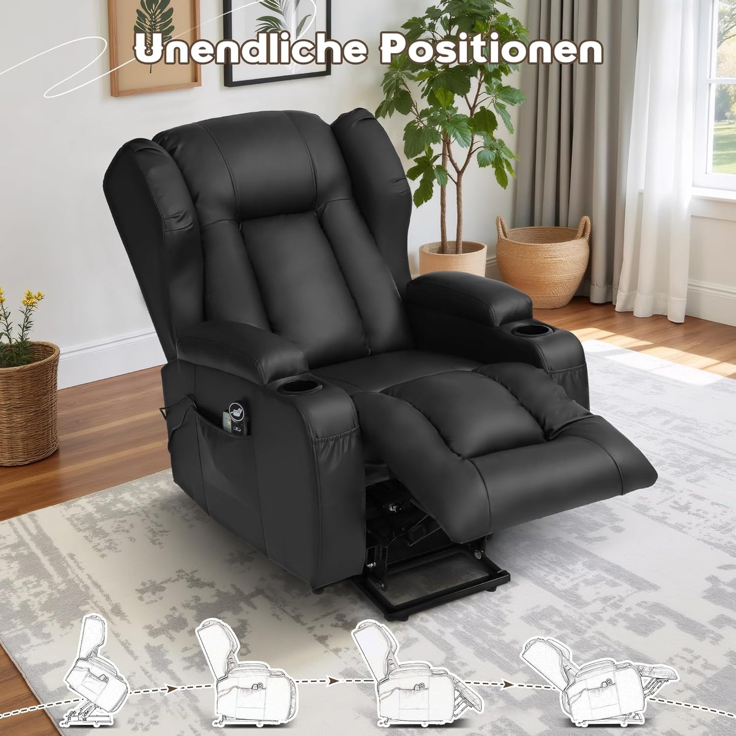 LIFTSHA Fernsehsessel mit Aufstehhilfe Elektrisch, Relaxsessel mit Liegefunktion, Massagesessel mit Massage Wärmefunktion Seniorensessel für Senioren, 2 Seitentaschen und Getränkehalters (Schwarz)