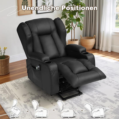 LIFTSHA Fernsehsessel mit Aufstehhilfe Elektrisch, Relaxsessel mit Liegefunktion, Massagesessel mit Massage Wärmefunktion Seniorensessel für Senioren, 2 Seitentaschen und Getränkehalters (Schwarz)