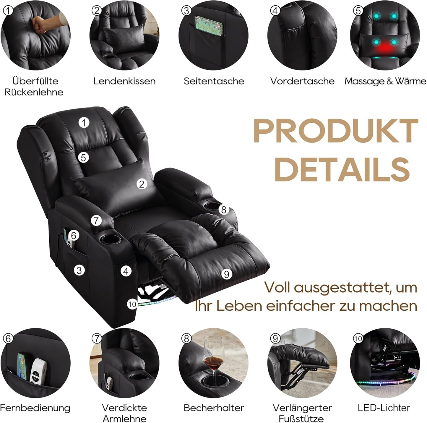 Oprisen Elektrisch Verstellbar Relaxsessel Kinosessel Fernsehsessel mit Liegefunktion Massage und Wärme TV Sessel Drehbar Liegesessel Sofa mit USB/LED/TYP C für Wohnzimmer,bis 150 kg (Schwarz)