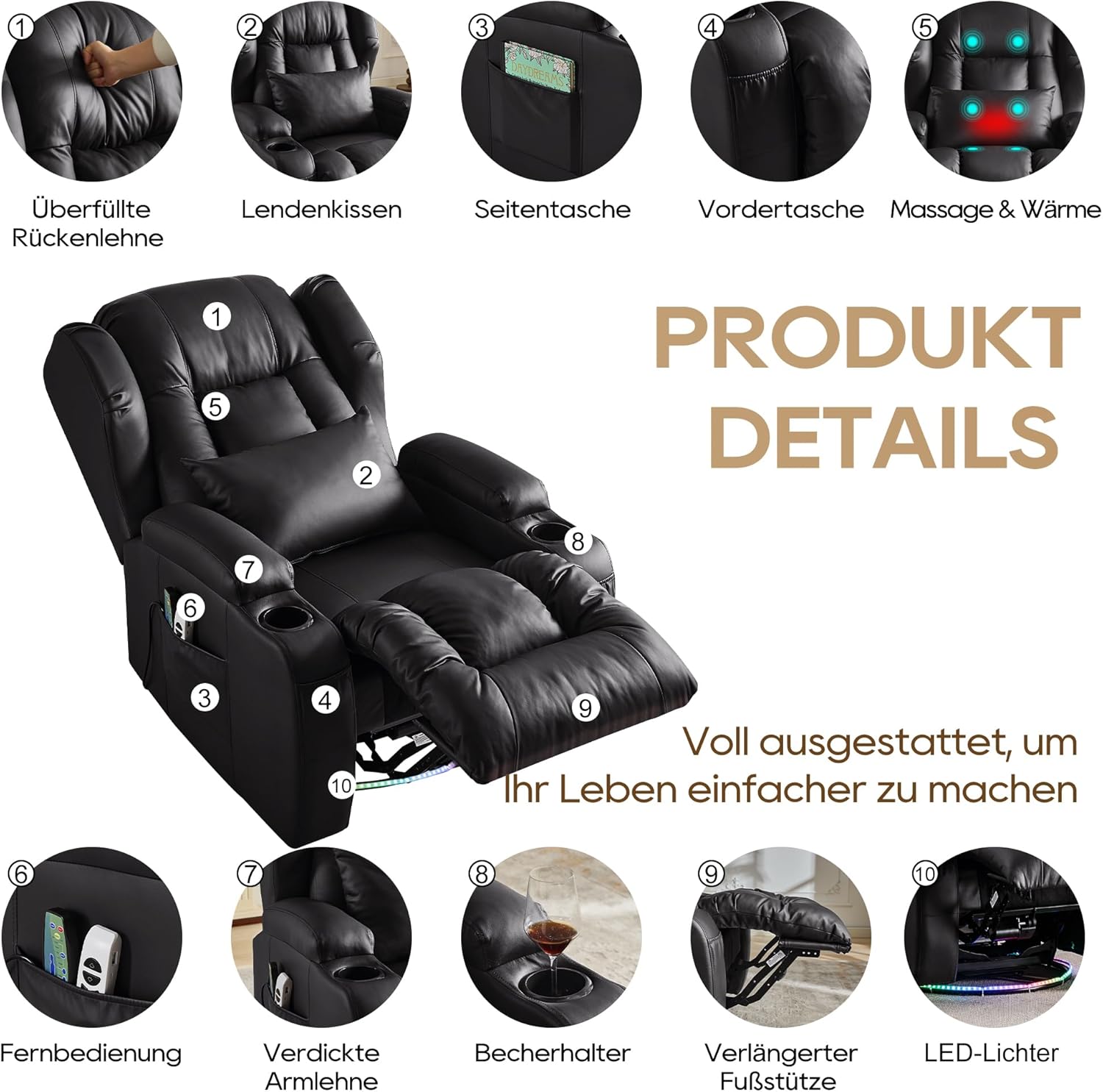 Oprisen Elektrisch Verstellbar Relaxsessel Kinosessel Fernsehsessel mit Liegefunktion Massage und Wärme TV Sessel Drehbar Liegesessel Sofa mit USB/LED/TYP C für Wohnzimmer,bis 150 kg (Schwarz)