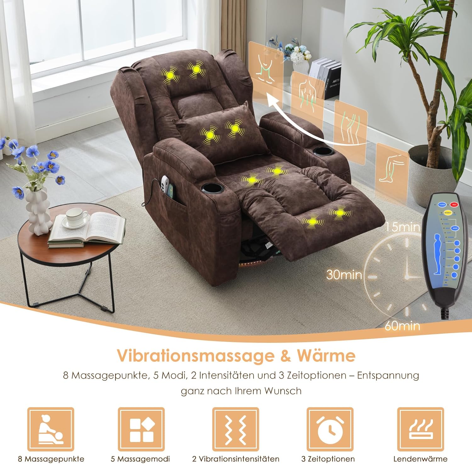 SAMERY Relaxsessel Elektrisch mit Massage & Heizung, Samt Fernsehsessel mit Liegefunktion, 270° Drehbar & 30° Wippbar, USB/LED/Typ-C – Kinosessel TV Sessel Sofa Chair für Wohnzimmer (1, Rotbraun) 7038