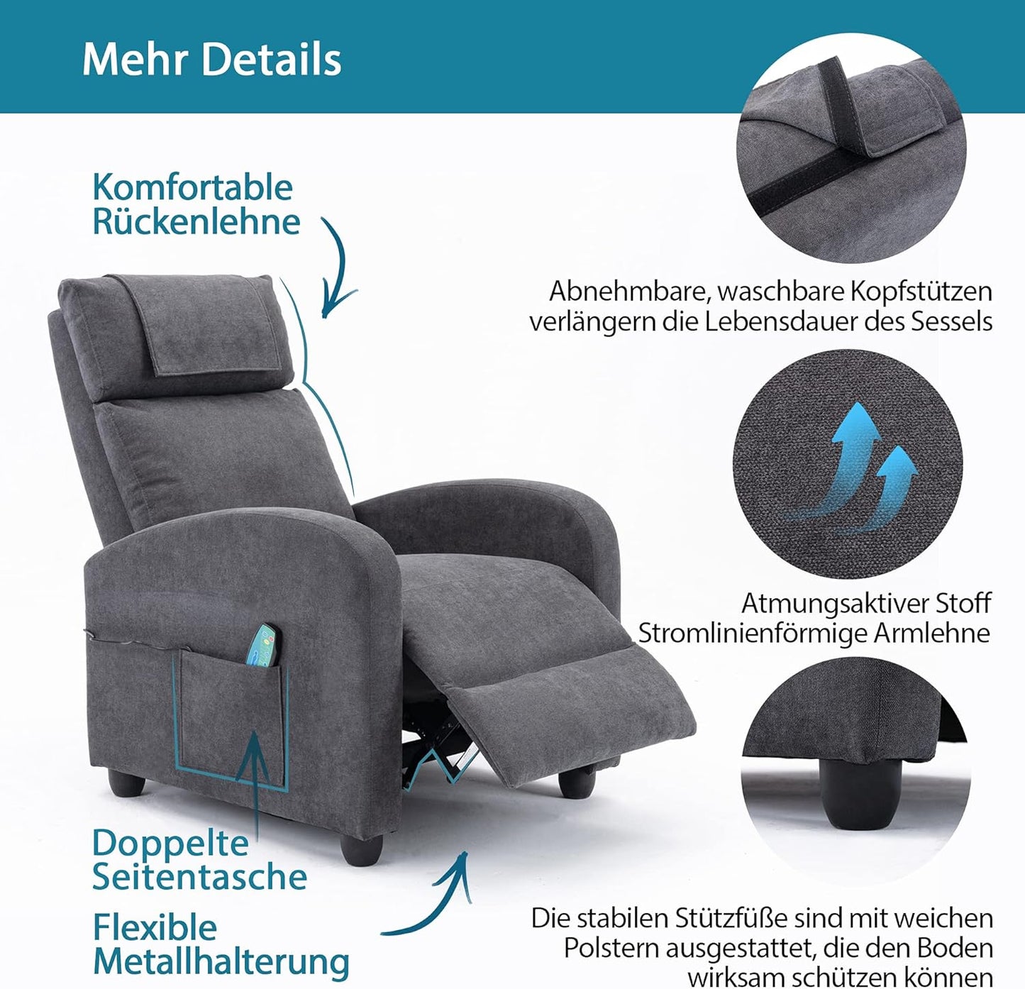 HOMOPIV Relaxsessel, Fernsehsessel mit Liegefunktion Massagefunktion Wärmefunktion, Massagesessel mit Fernbedienung, Ruhesessel Stoff, Liegesessel grau