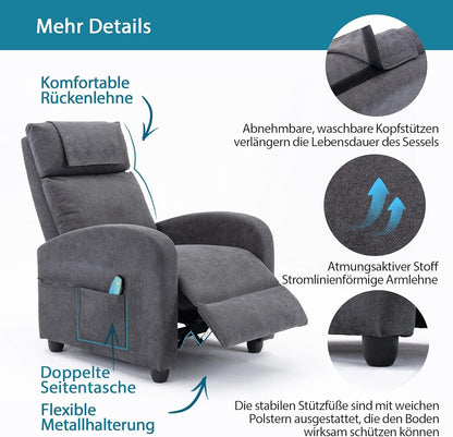 HOMOPIV Relaxsessel, Fernsehsessel mit Liegefunktion Massagefunktion Wärmefunktion, Massagesessel mit Fernbedienung, Ruhesessel Stoff, Liegesessel grau